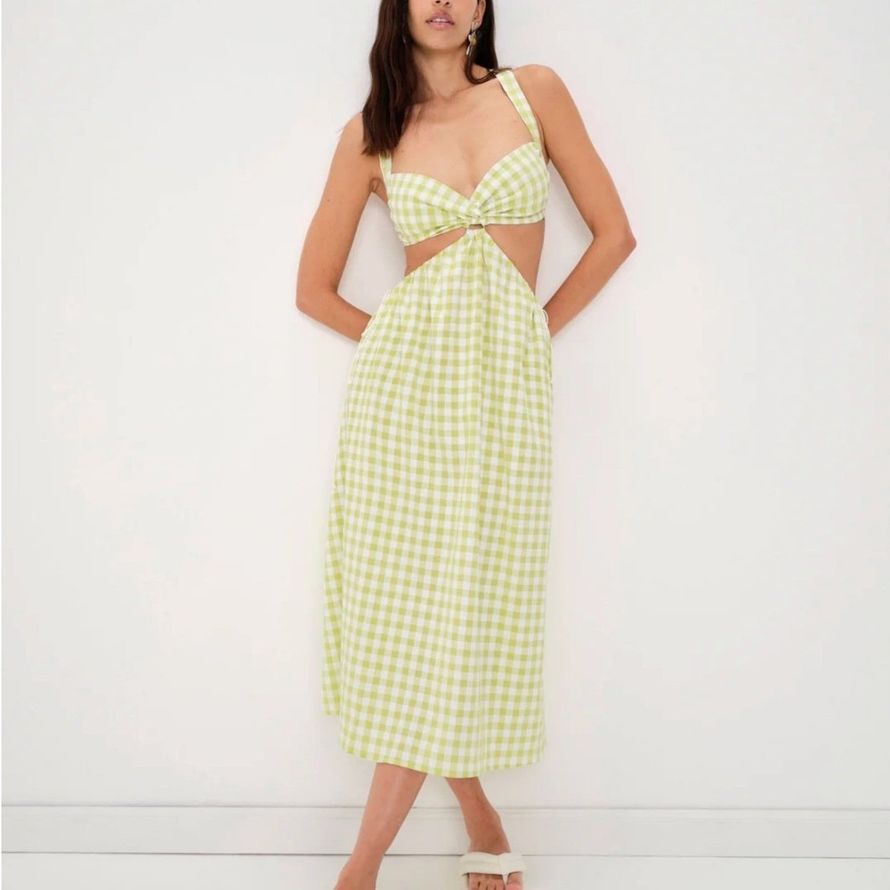 NWT For Love & Lemons Maureen Midi Dress Lime Green Gingham Cutout Size Large